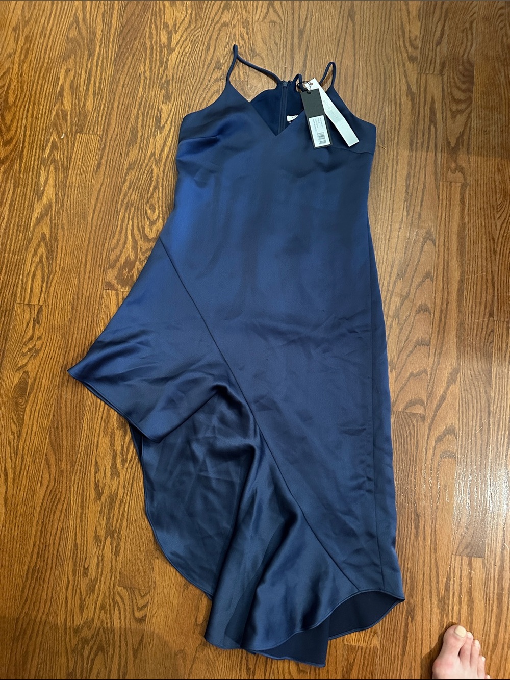 NWT Halston Heritage Navy Satin Asymmetrical Ruffle Midi Dress Size 2